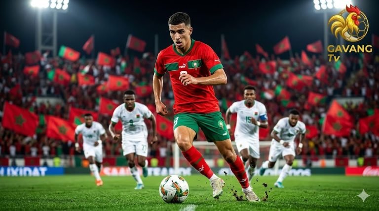 Cầu thủ hàng công đội tuyển Morocco ăn mừng bàn thắng trước Madagascar trong trận giao hữu quốc tế tại Rabat.