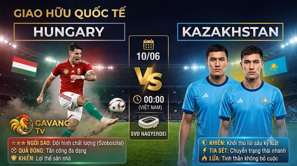 Ảnh bìa nhận định trận đấu giao hữu quốc tế giữa Hungary vs Kazakhstan ngày 10/06/2026, thông tin tổng quan và dự đoán từ Gavang TV.