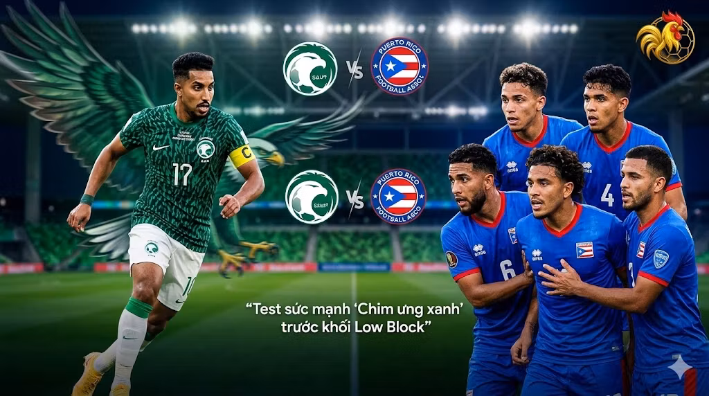 Hình ảnh đồ họa chênh lệch đẳng cấp giữa Salem Al Dawsari dẫn bóng mạnh mẽ với biểu tượng Chim ưng xanh và một nhóm cầu thủ Puerto Rico co cụm phòng ngự trên nền sân vận động Q2 Stadium Texas mờ ảo về đêm.
