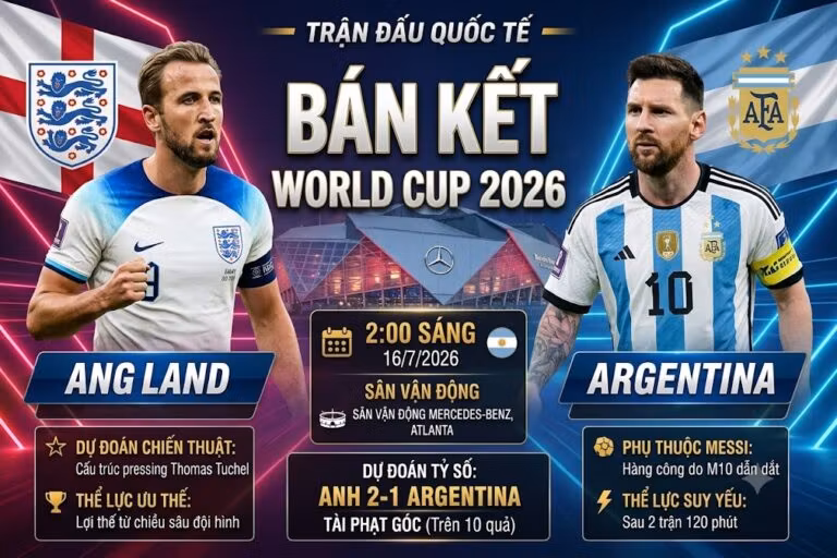 Đồ họa so sánh trước trận bán kết World Cup 2026 giữa Anh và Argentina, với ảnh các đội trưởng Harry Kane và Lionel Messi, dự đoán tỷ số Anh 2-1 Argentina, và dự đoán hơn 10 quả phạt góc