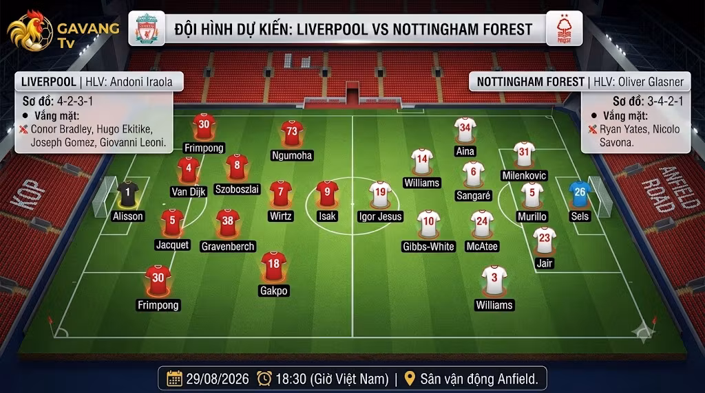 Sơ đồ đội hình dự kiến Liverpool vs Nottingham Forest thi đấu ngày 29/08/2026 cập nhật bởi Gavang TV.