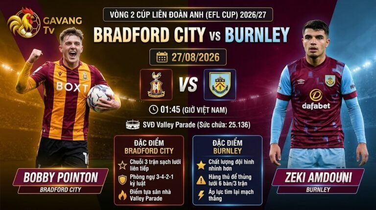 Nhận định trực tiếp bóng đá trận Bradford City vs Burnley tại vòng 2 Cúp Liên đoàn Anh (EFL Cup) ngày 27/08/2026 trên Gavang TV.