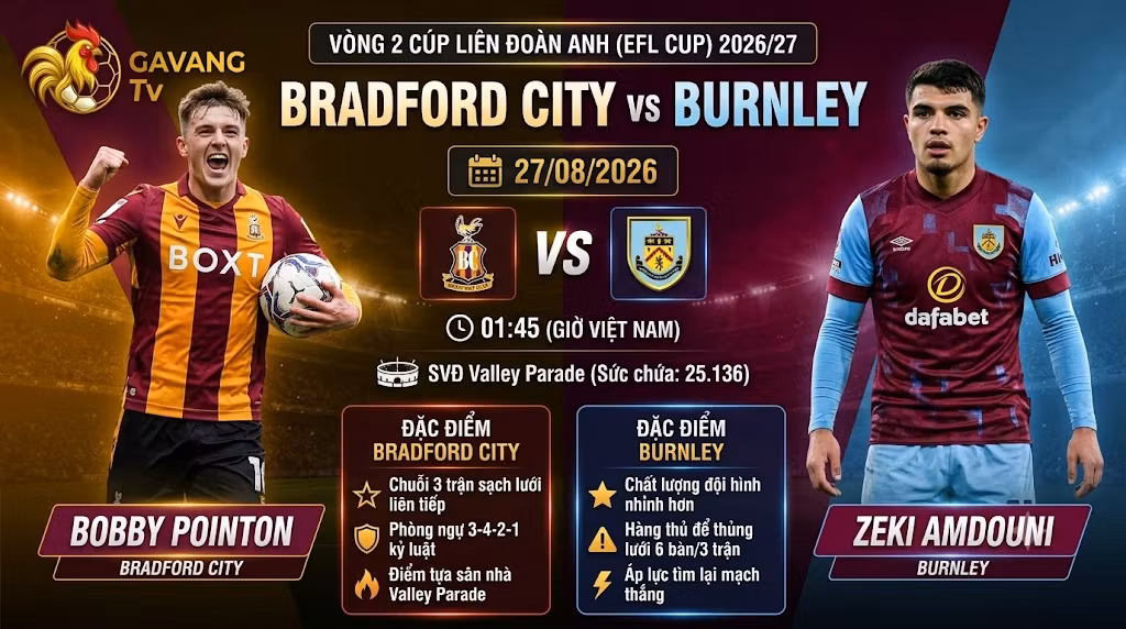 Nhận định trực tiếp bóng đá trận Bradford City vs Burnley tại vòng 2 Cúp Liên đoàn Anh (EFL Cup) ngày 27/08/2026 trên Gavang TV.