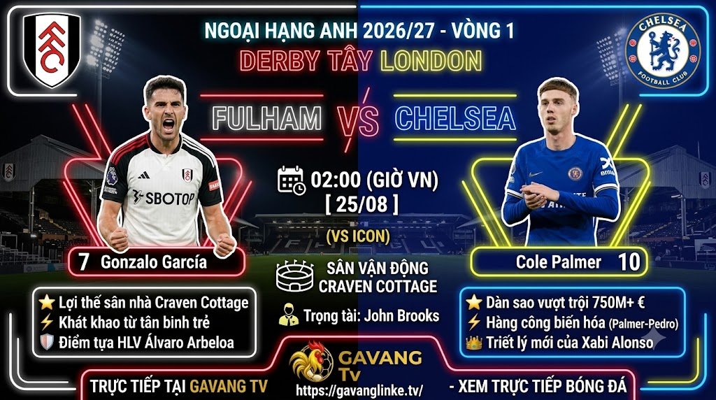 Nhận định trực tiếp trận đấu Fulham vs Chelsea vòng 1 Ngoại hạng Anh 2026/27, cuộc đối đầu giữa Gonzalo Garcia và Cole Palmer.